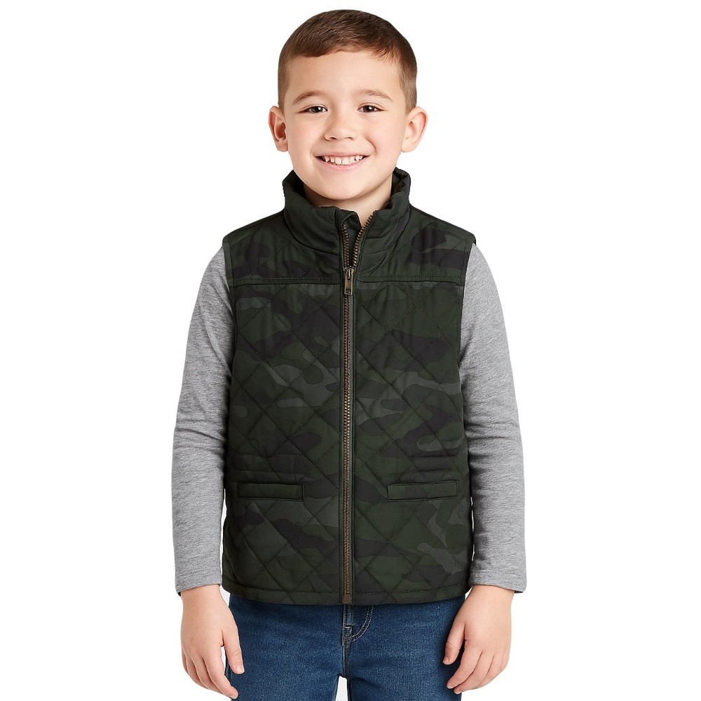 Crewcuts‎ Boys Camo Quilted Vest Size 6-7 Green Gray Full Zip Pockets Casual